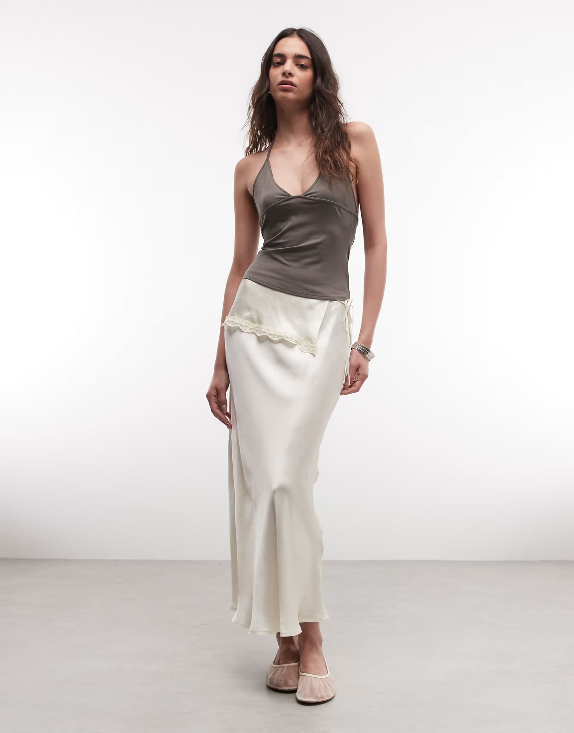ASOS Reclaimed Vintage satin maxi slip skirt with layered frill in cream