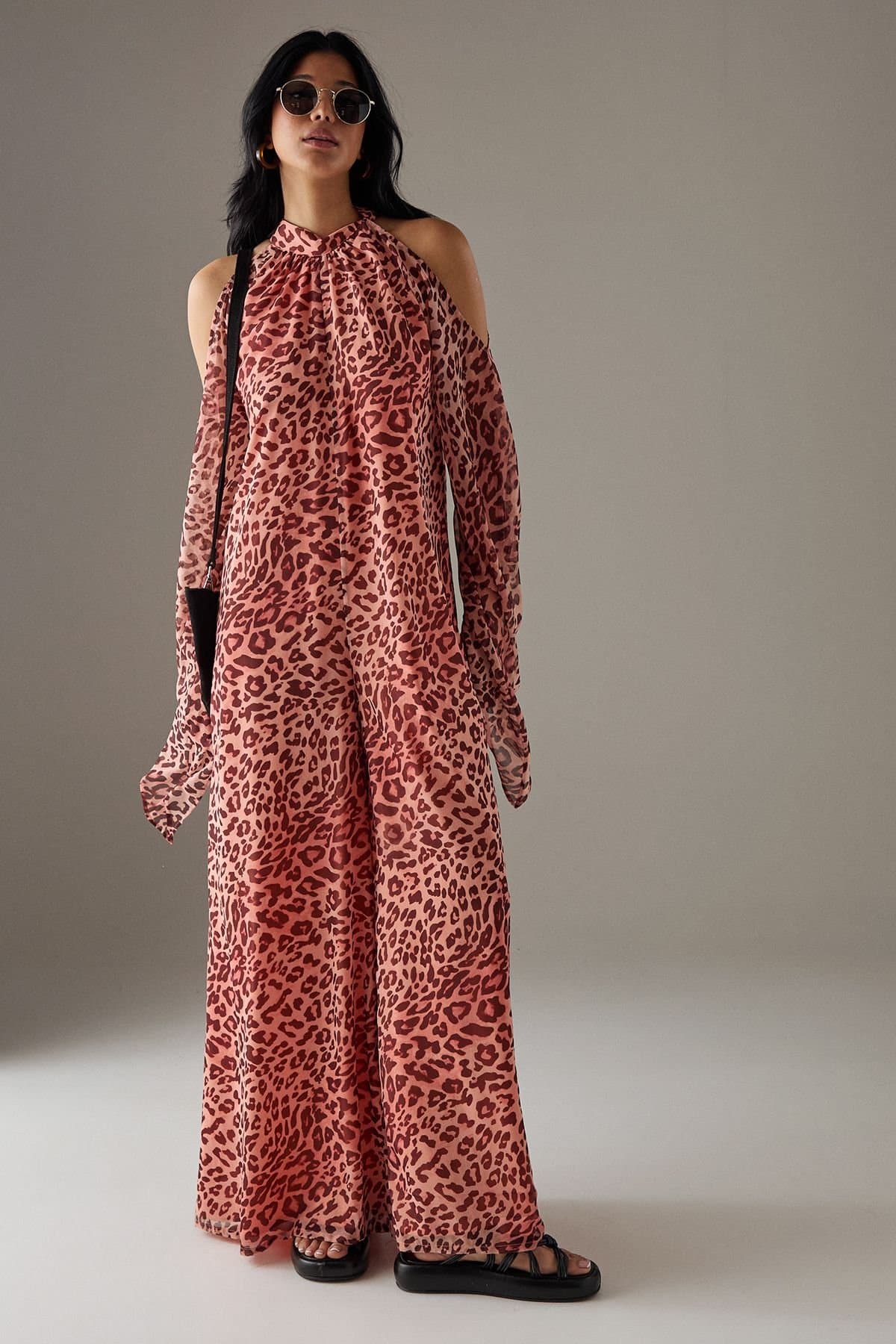 Warehouse Warehouse Women's Bohemian Halter Cold Shoulder Flared Sleeve Jumpsuit in Leopard