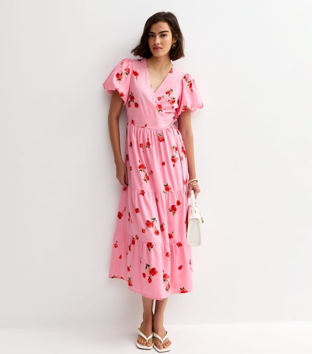 New Look Women's Pink Crepe Rose Print Wrap Midi Dress New Look - 2