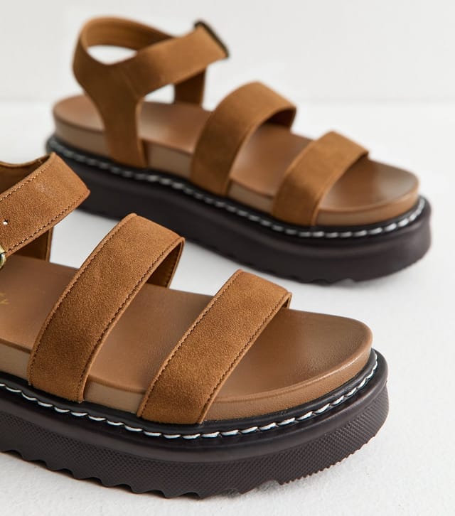 New Look Women's Tan Faux Suede Flatform Sandals Vegan New Look - 3