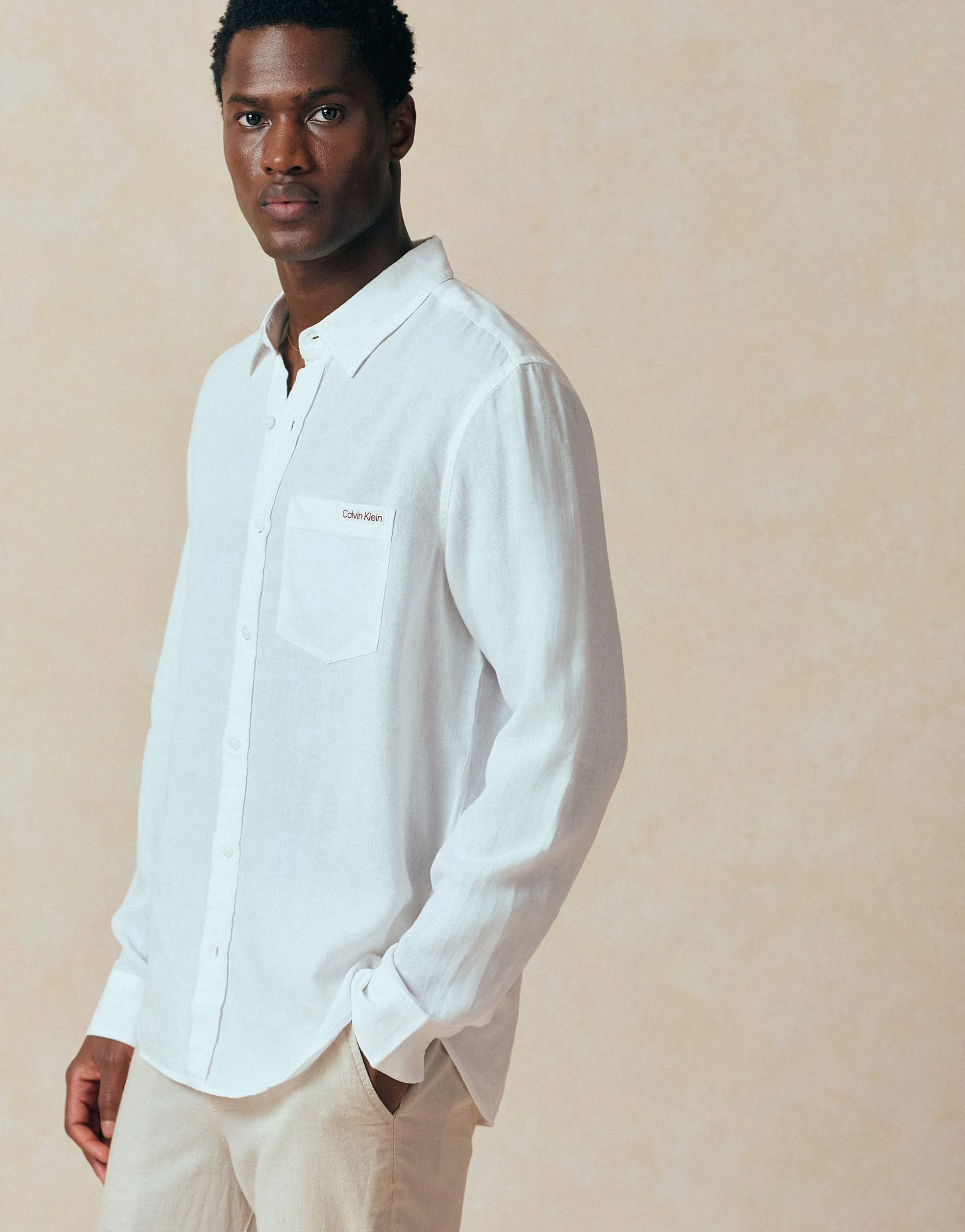 ASOS Calvin Klein Jeans casual long sleeve linen shirt in white - 1