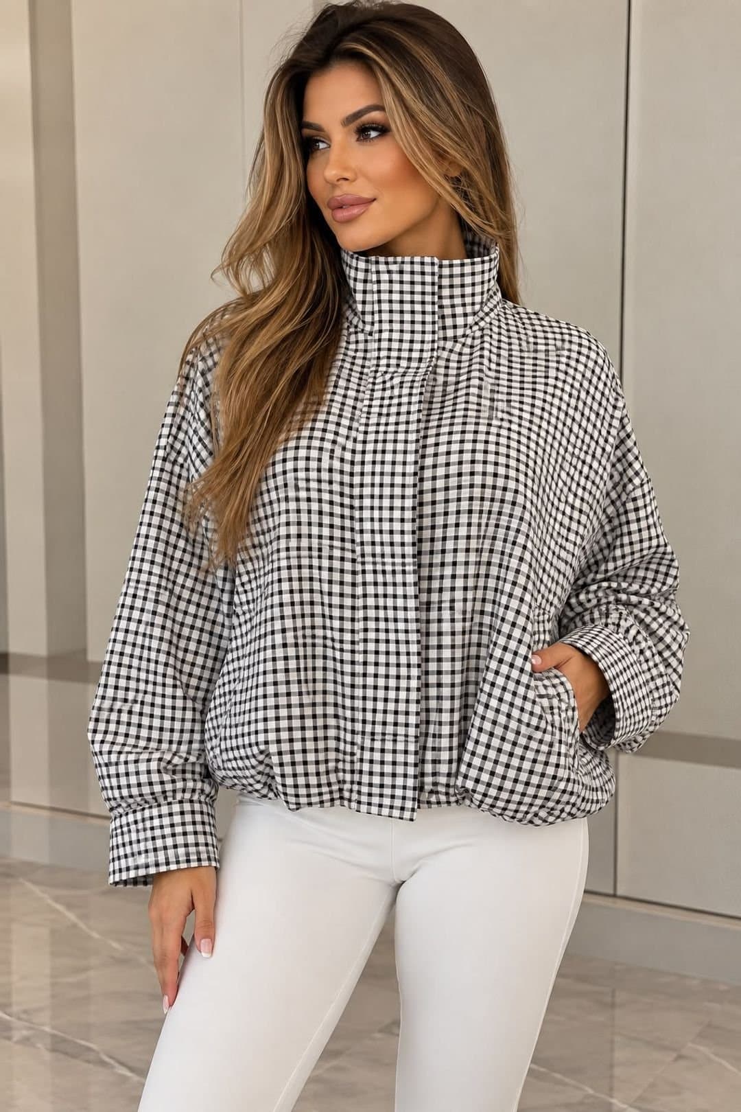 STYLEWISE STYLEWISE Women's Check Print - Oversized Funnel Neck - Puffer Jacket in Black