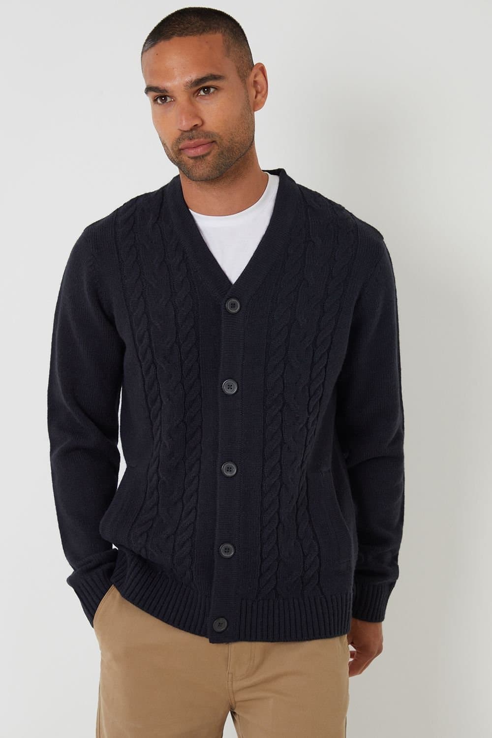 Threadbare Threadbare Men's Cable Knit Detail V-Neck Cardigan in Navy