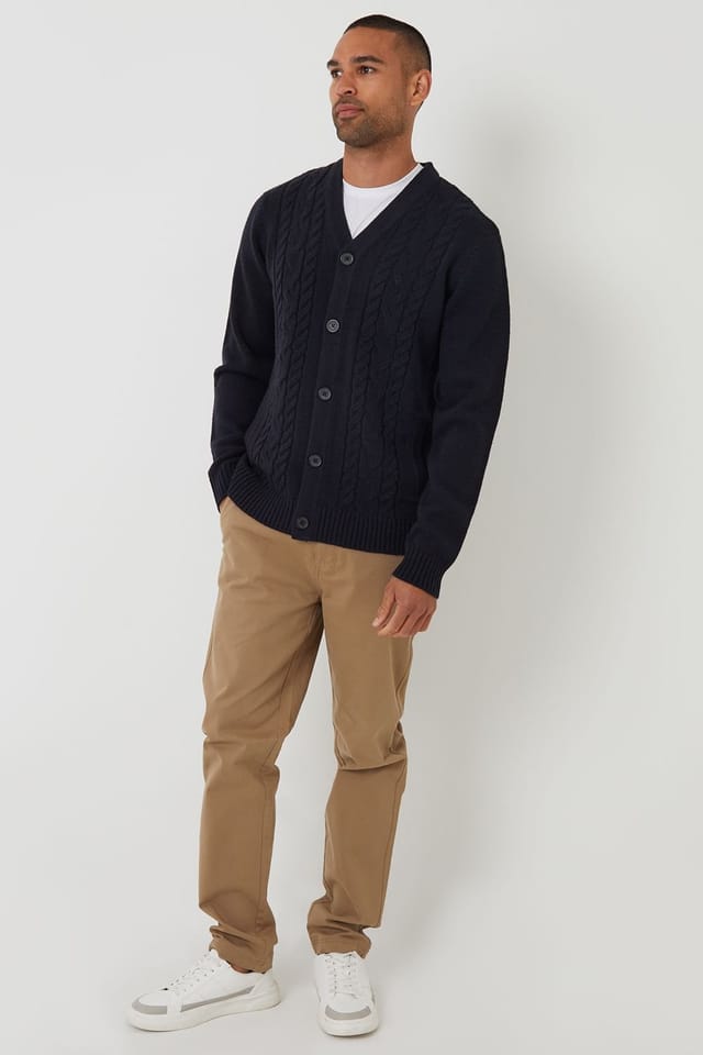 Threadbare Threadbare Men's Cable Knit Detail V-Neck Cardigan in Navy - 3