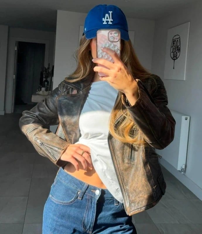 Bershka Brown Washed Leather Biker Jacket