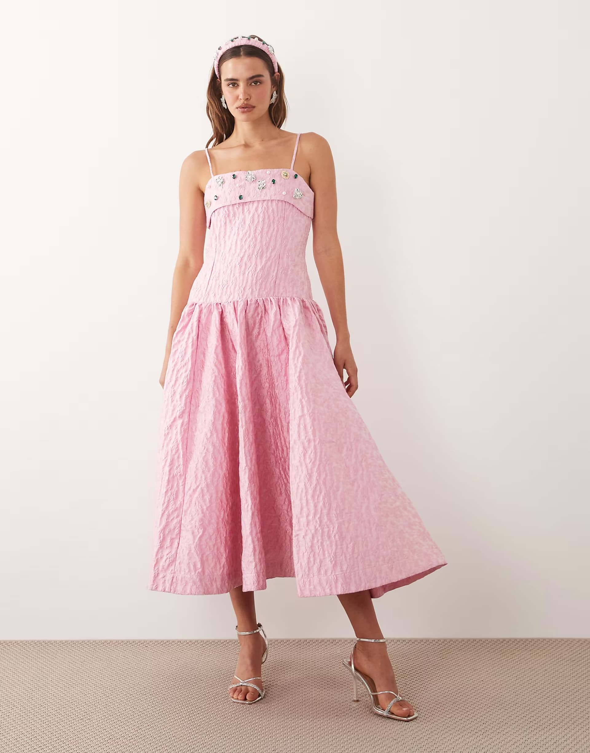 ASOS Dream Sister Jane Posy Jacquard square neck embellished detail drop waist midi dress co-ord in pink