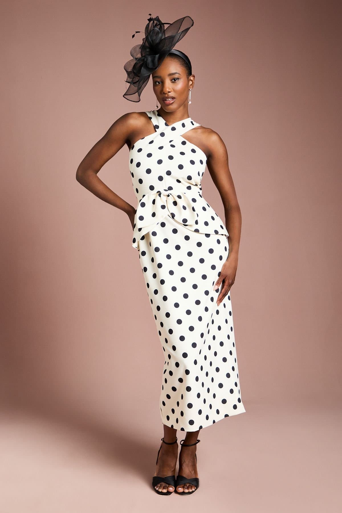 Coast Coast Women's Polka Dot Peplum Midi Pencil Dress in Mono