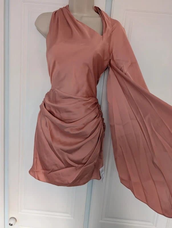 ASOS ASOS Design satin one sleeve scarf neck mini dress in rose size 4