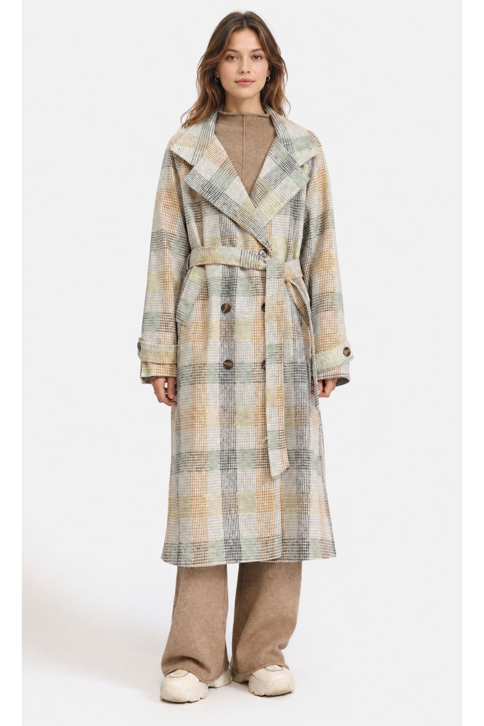 Zafosh Zafosh Women's Elegant Double Breasted Wool-Blend Belted Checked Coat