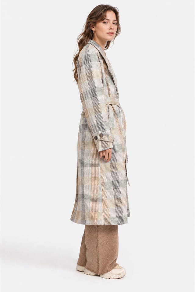 Zafosh Zafosh Women's Elegant Double Breasted Wool-Blend Belted Checked Coat - 3