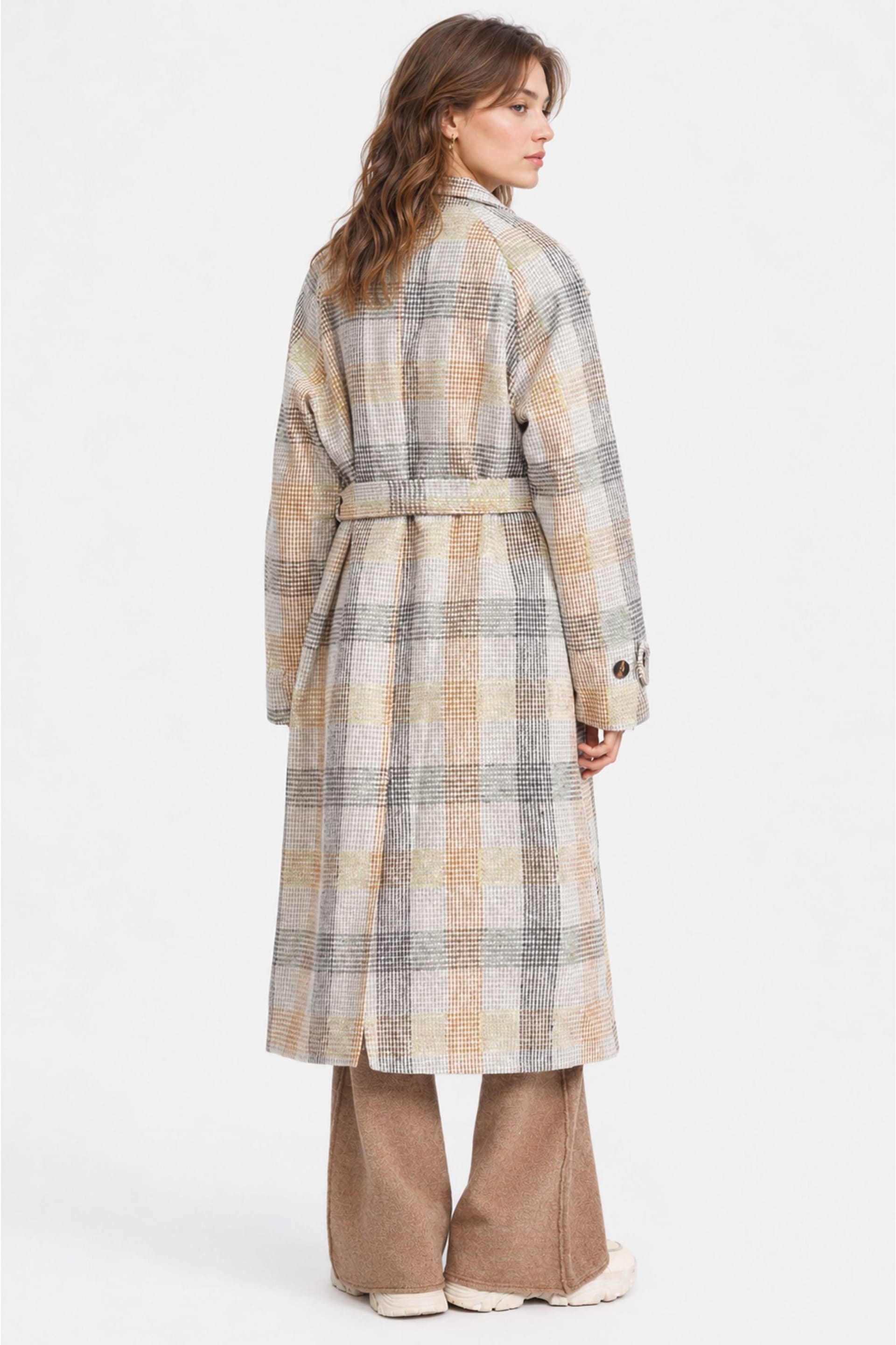 Zafosh Zafosh Women's Elegant Double Breasted Wool-Blend Belted Checked Coat - 4