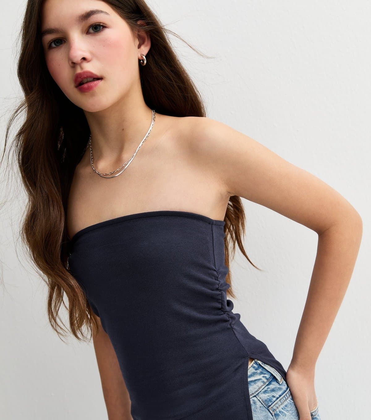 New Look Girls' Navy Asymmetric Ruched Side Bandeau Top New Look