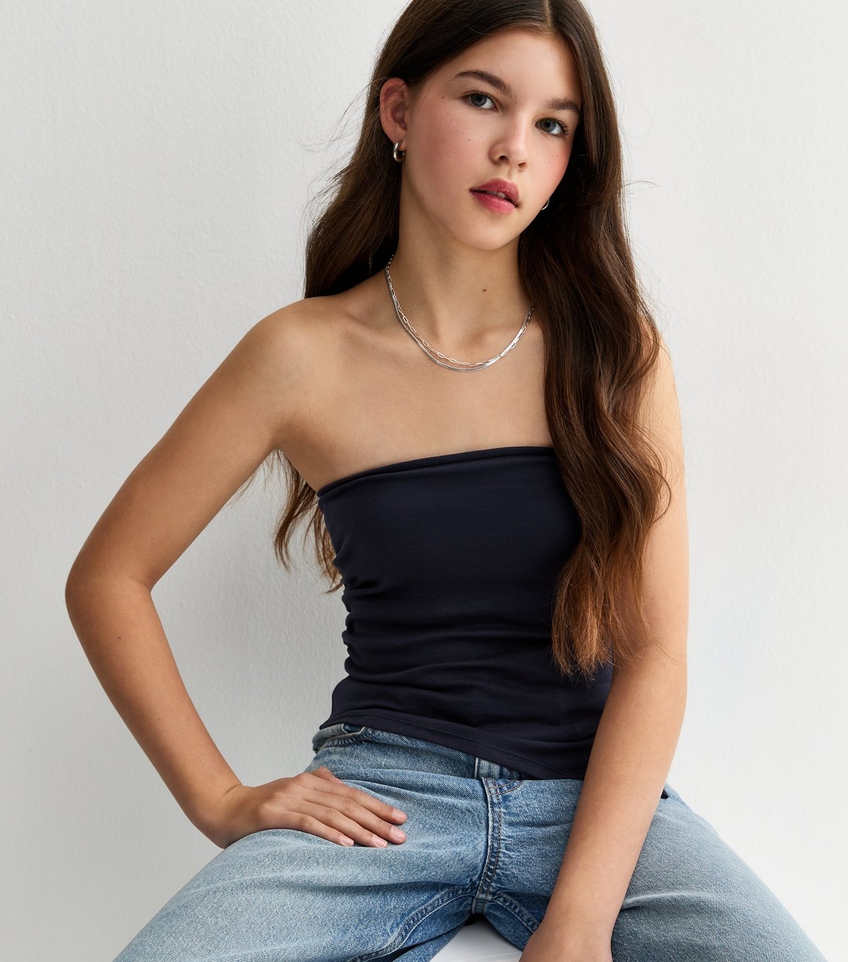 New Look Girls' Navy Asymmetric Ruched Side Bandeau Top New Look - 2