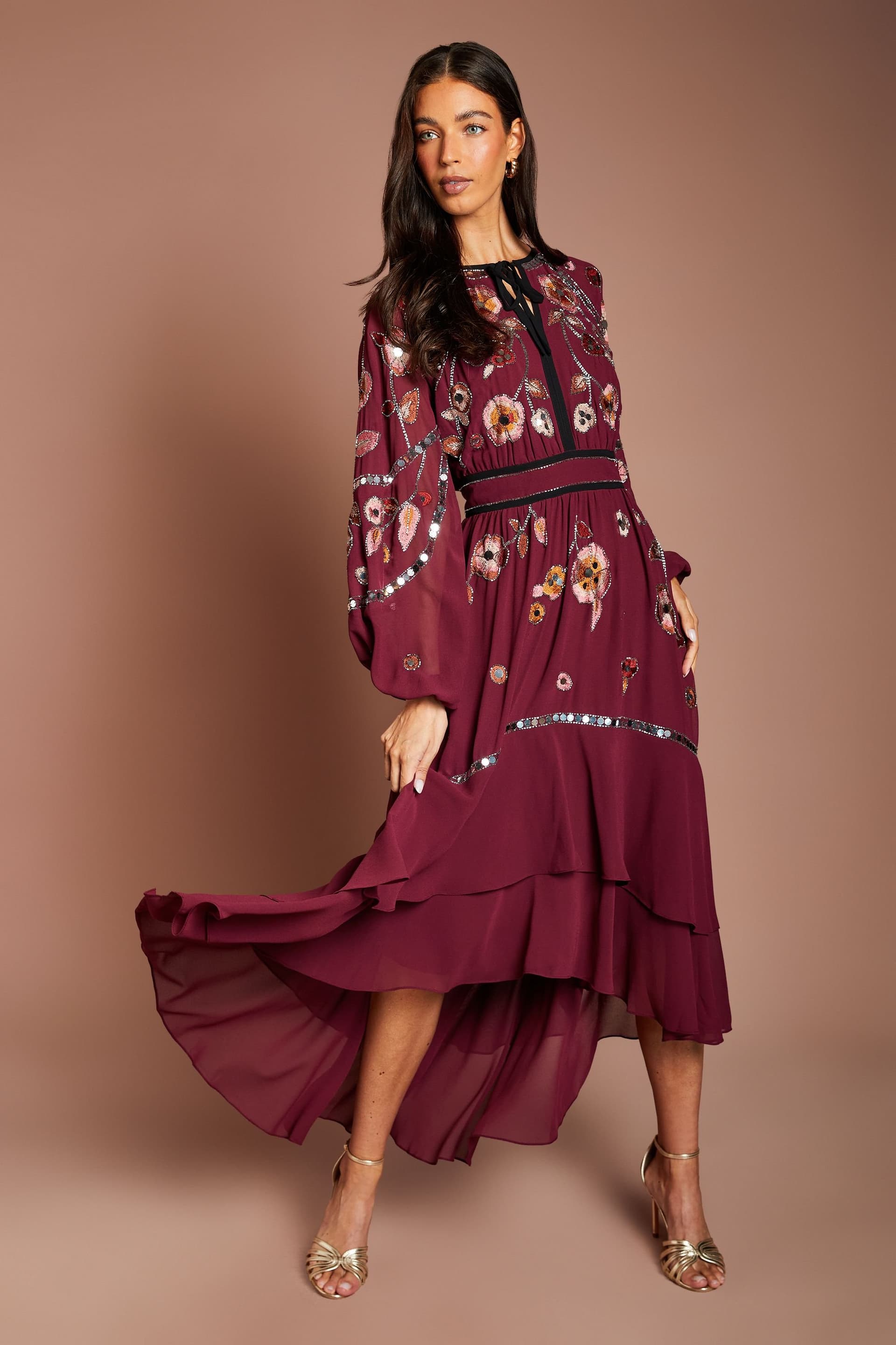 Coast Coast Women's Embellished Long Sleeve Midi Dress in Burgundy