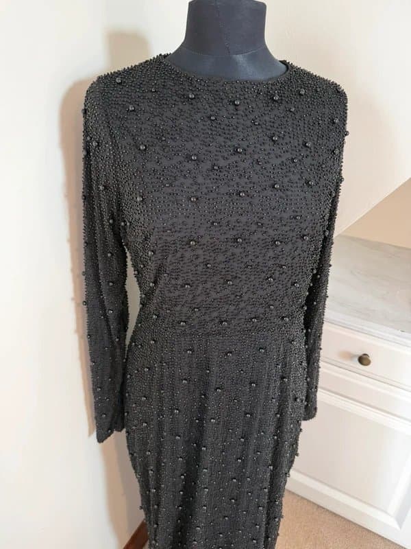 Oh Polly Oh Polly Exquisite Black Beaded Long Sleeve Maxi Dress Evening Gown High Slit Open Back Size 16