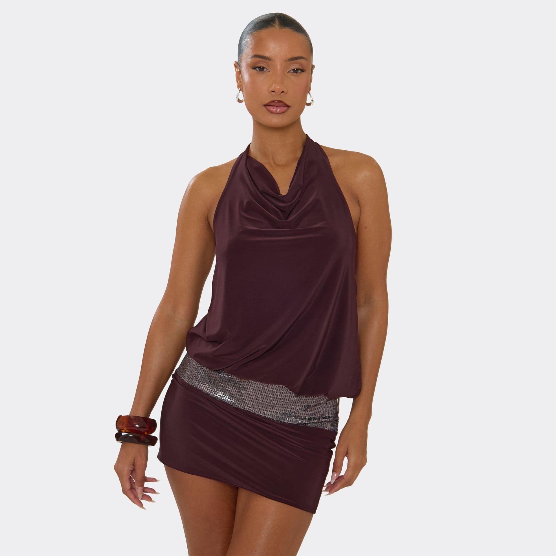 EGO Cowl Neck Drop Waist Sequin Panel Mini Dress In Chocolate Brown, Women's Size UK 6