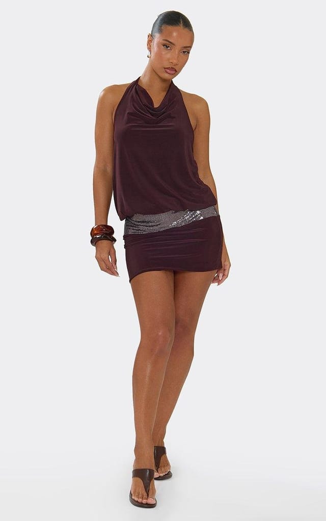 EGO Cowl Neck Drop Waist Sequin Panel Mini Dress In Chocolate Brown, Women's Size UK 6 - 2