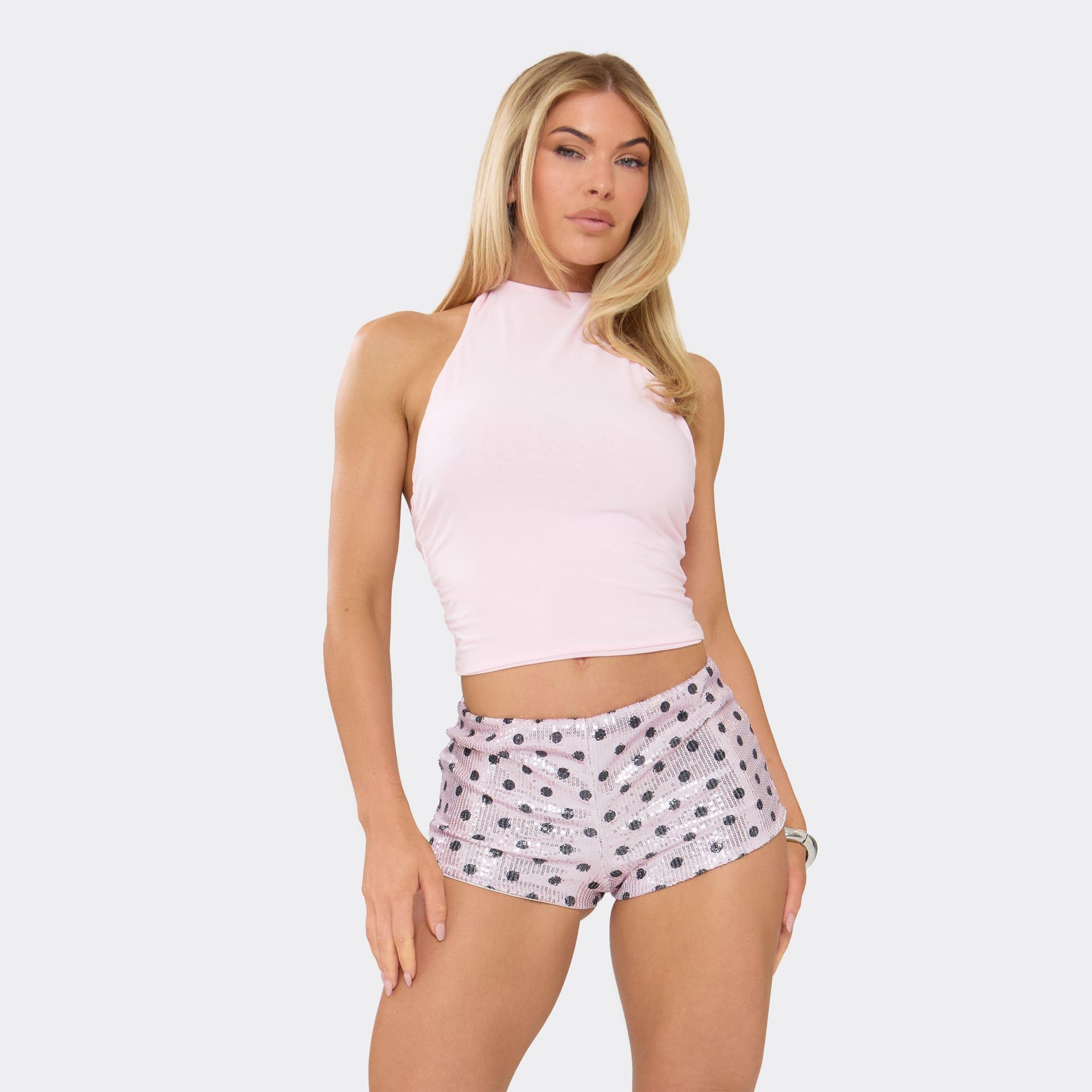 EGO Pink Polka Dot Sequin Low Rise Hot Pant Shorts