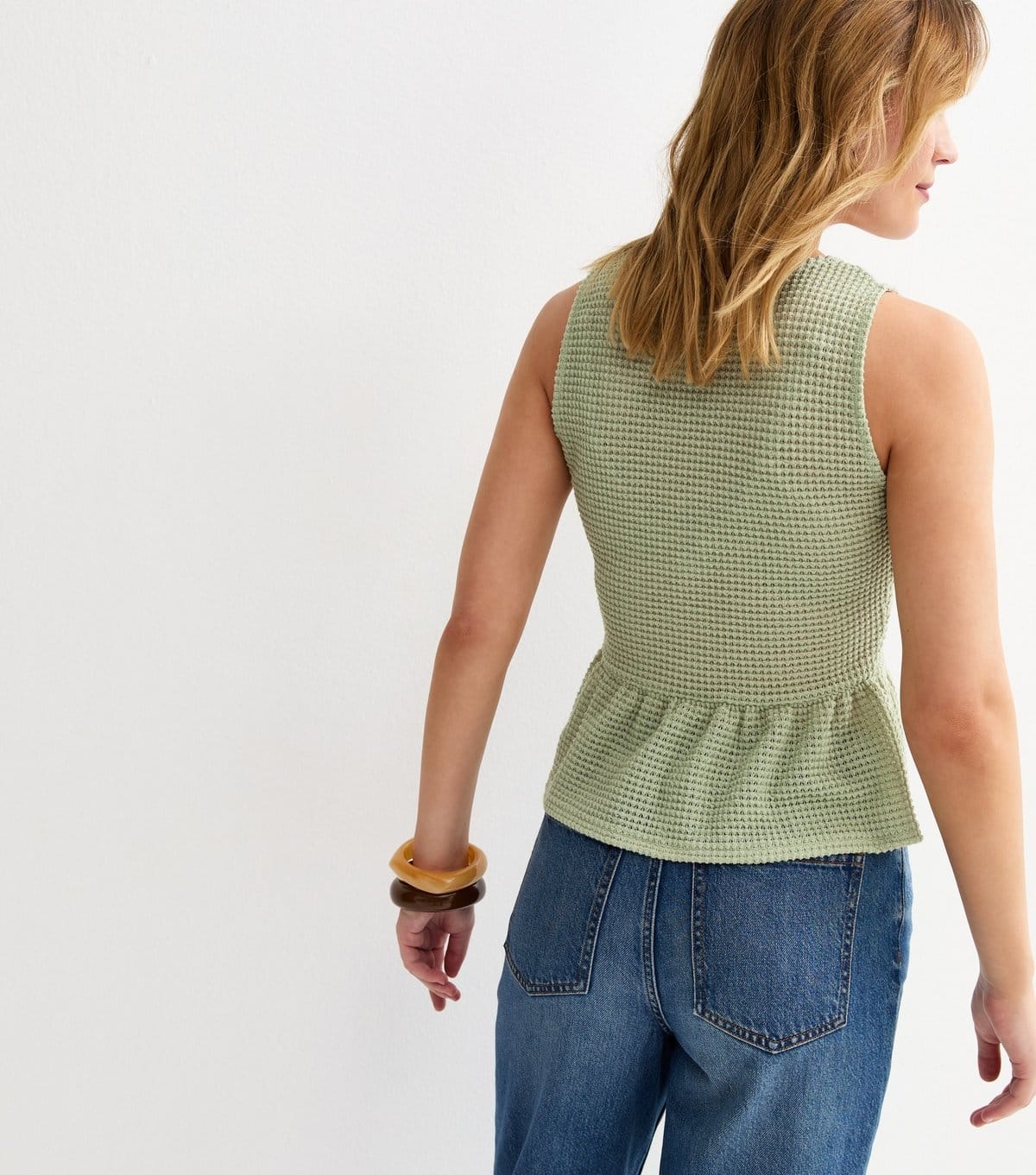 New Look Women's Light Green Textured Knit Button Up Peplum Top New Look - 4