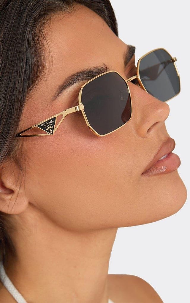 EGO Gold Frame Cut Out Side Logo Detail Tinted Lense Shaped Sunglasses In Black, Women's Size UK 0 - 2