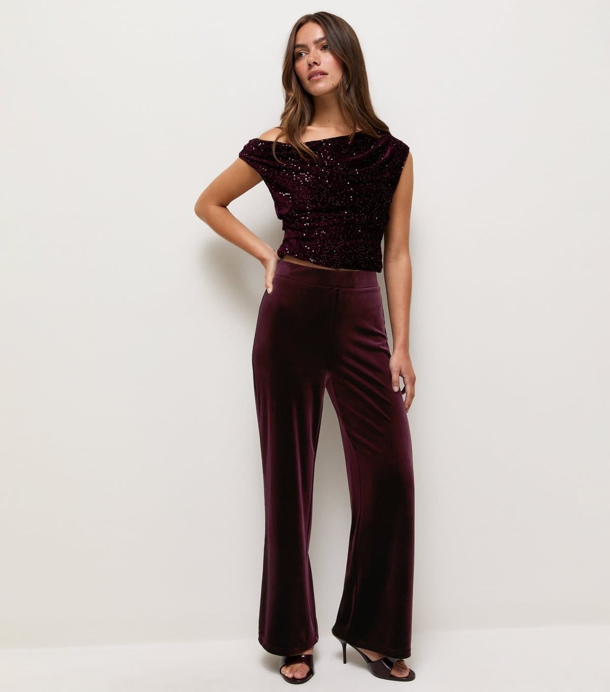 New Look Women's Petite Dark Burgundy Velvet Wide Leg Trousers New Look
