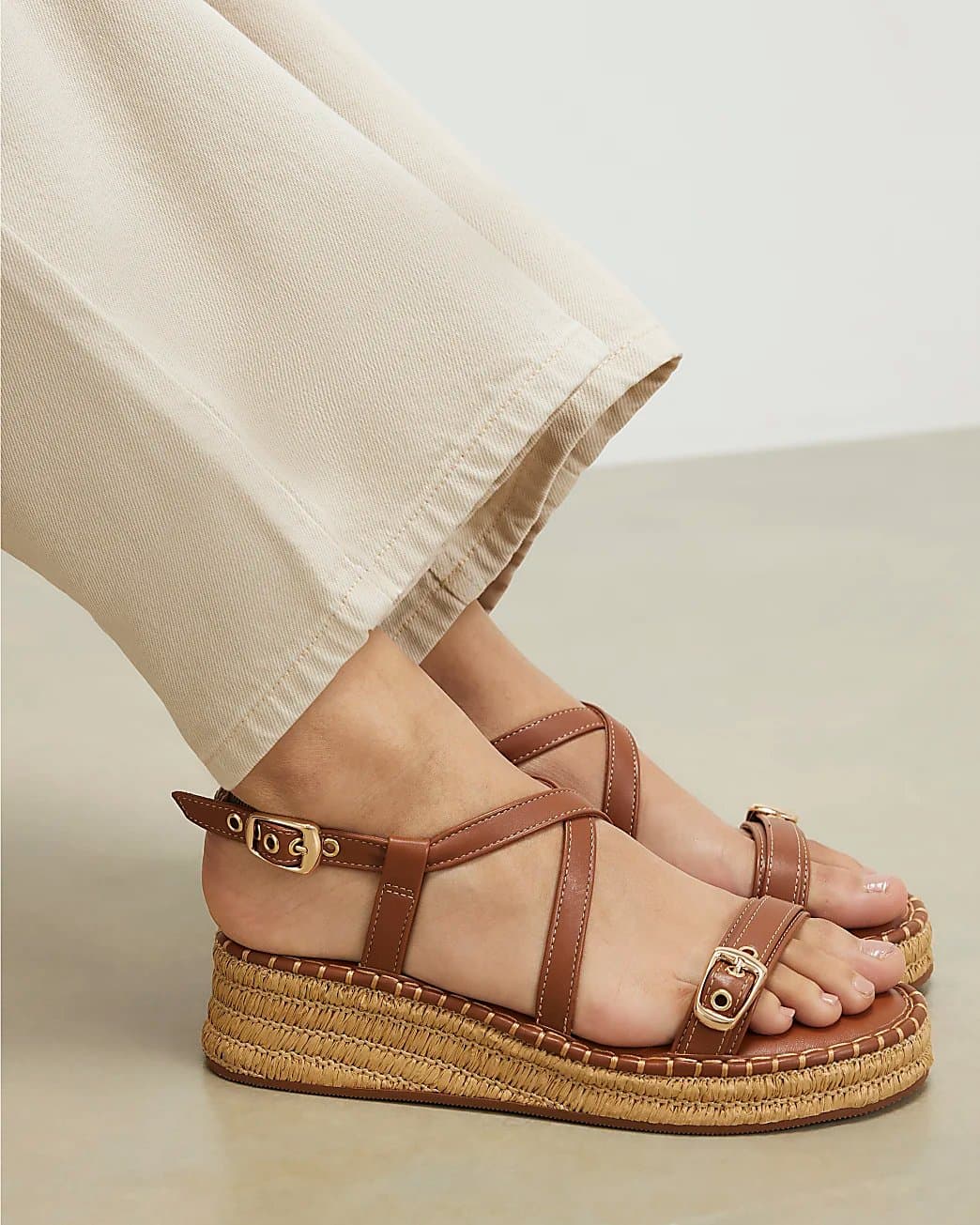 River Island River Island Womens Brown Cross Strap Wedge Sandals