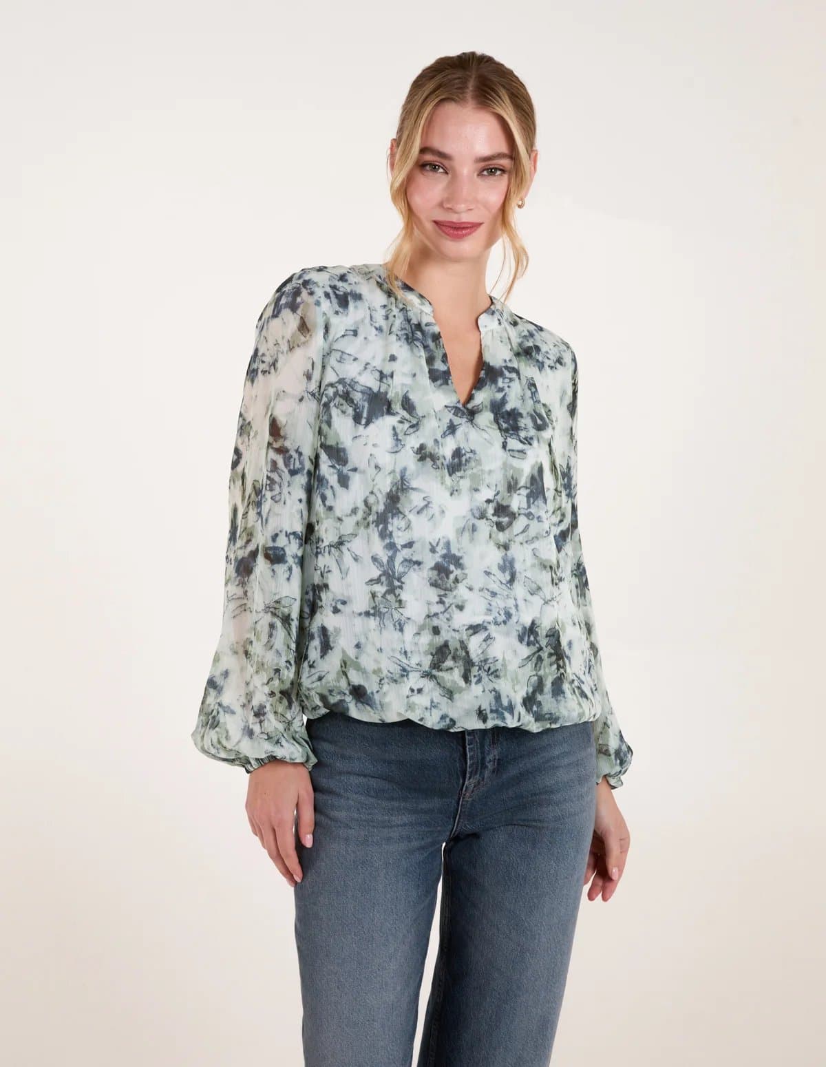 Blue Vanilla Grandad Collar Puffball Watercolour Top