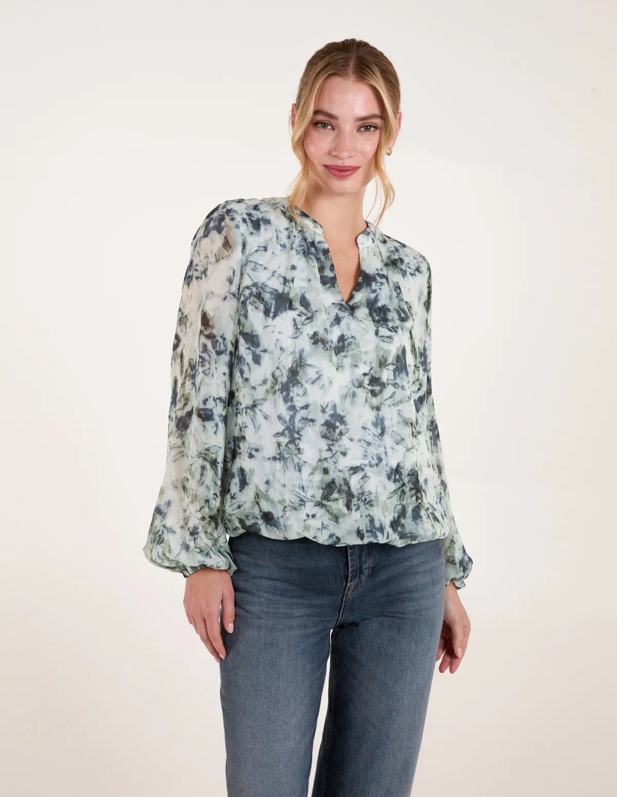 Blue Vanilla Grandad Collar Puffball Watercolour Top - 1