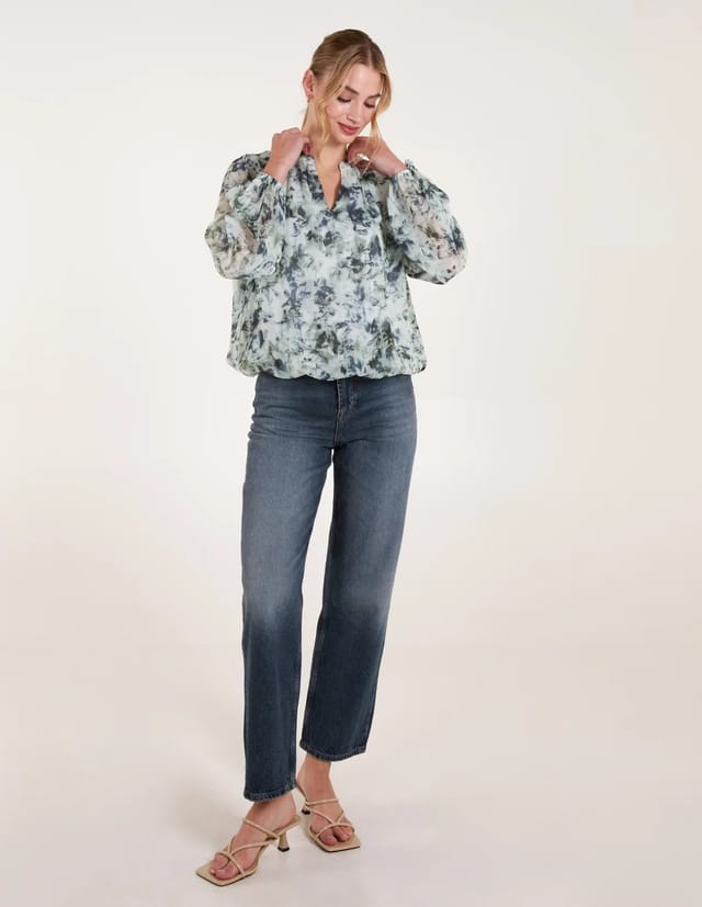 Blue Vanilla Grandad Collar Puffball Watercolour Top - 2