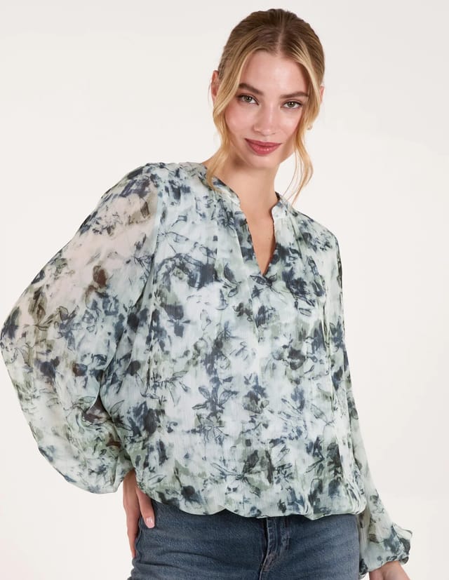 Blue Vanilla Grandad Collar Puffball Watercolour Top - 3