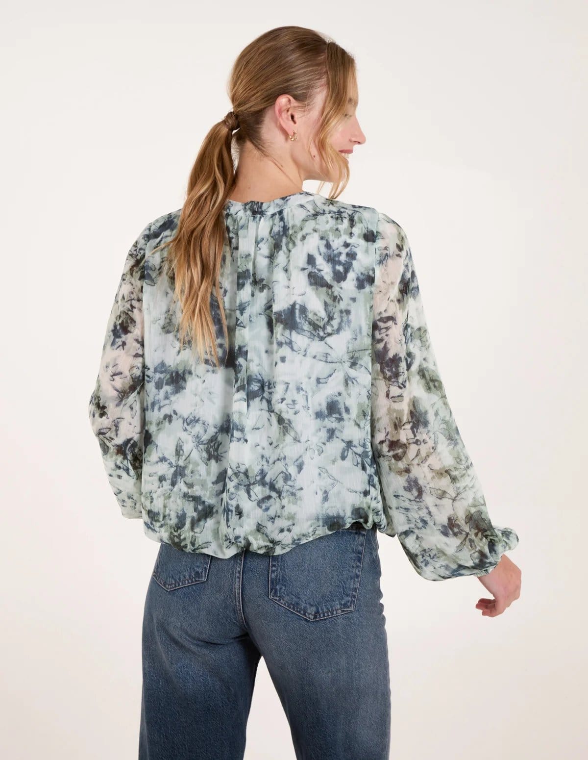 Blue Vanilla Grandad Collar Puffball Watercolour Top - 4