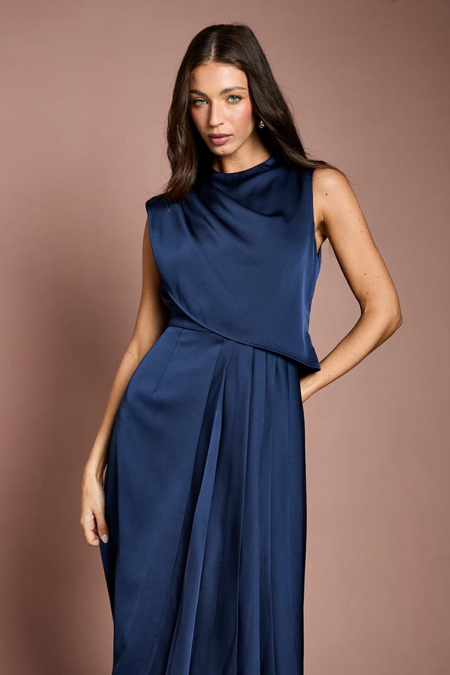 Coast Coast Women's Satin Drape Shoulder Pleated Skirt Midi Dress in Navy - 2