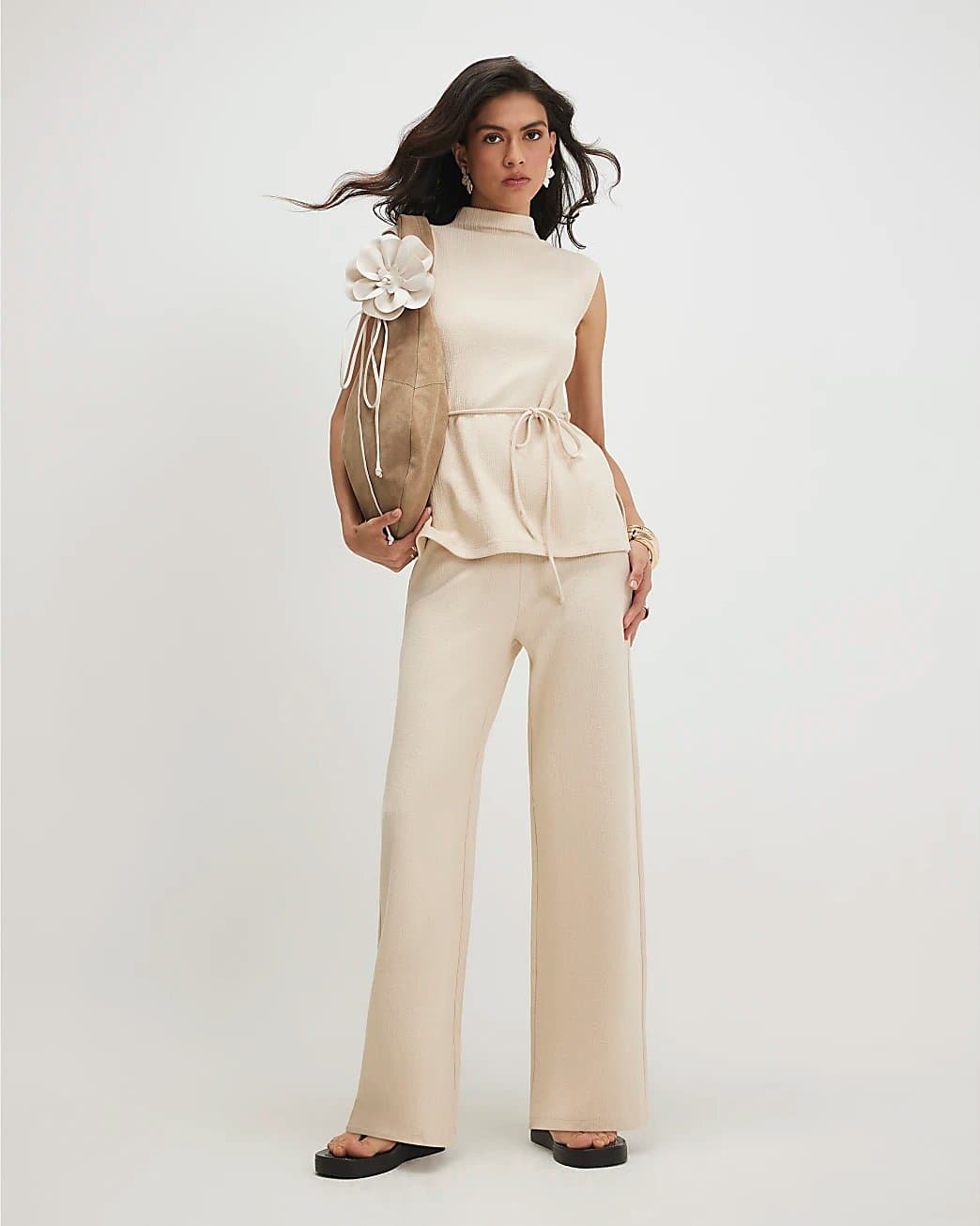 River Island River Island Womens Beige Cotton Blend Textured Wide Leg Trousers