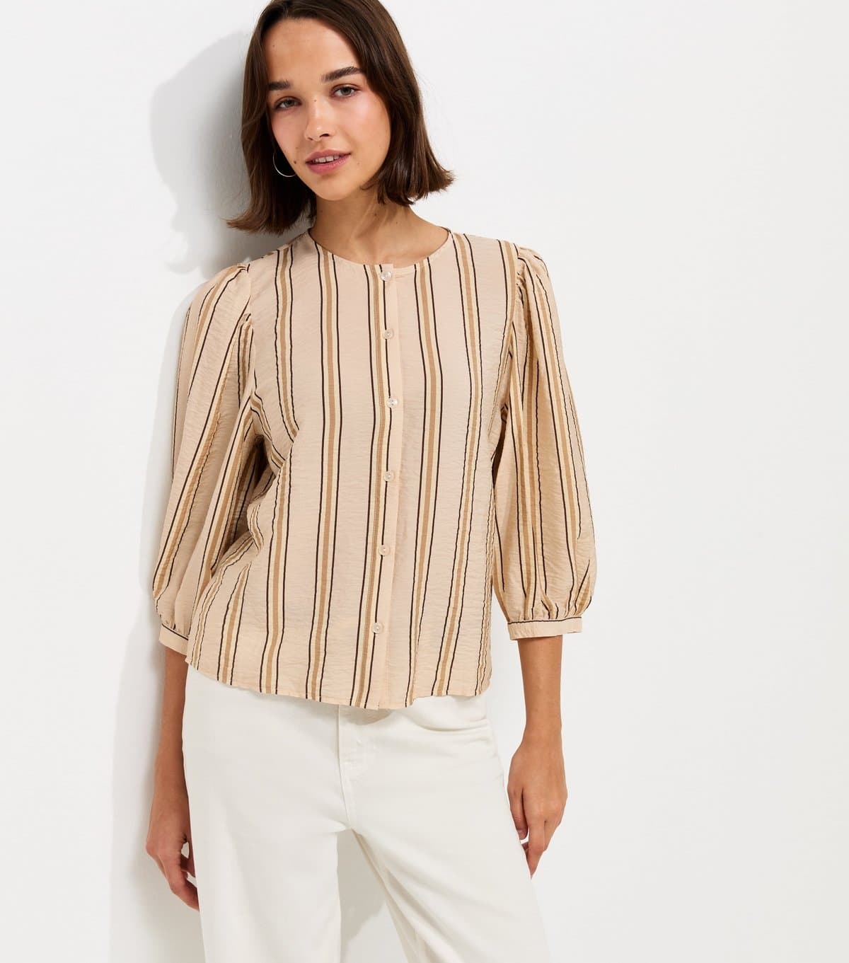 New Look Women's Cream Crinkle Texture Striped Button Front Blouse New Look
