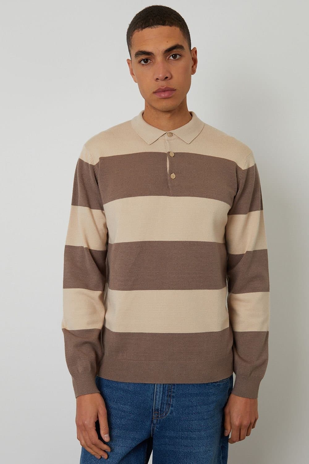 Threadbare Threadbare Men's Striped Knitted Rugby Polo Jumper in Stone