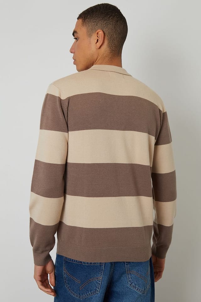 Threadbare Threadbare Men's Striped Knitted Rugby Polo Jumper in Stone - 2