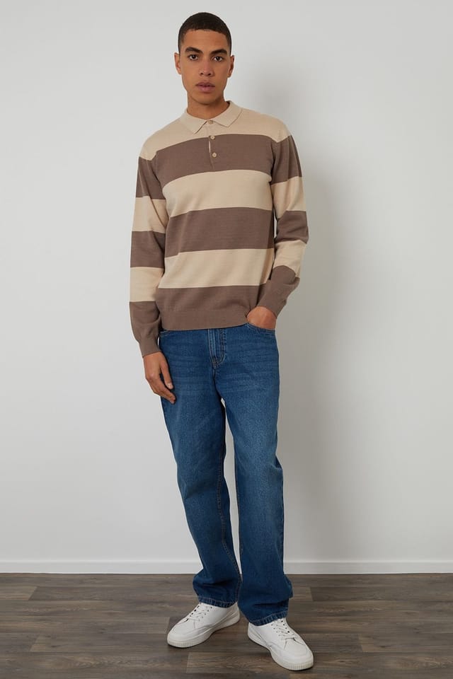 Threadbare Threadbare Men's Striped Knitted Rugby Polo Jumper in Stone - 3