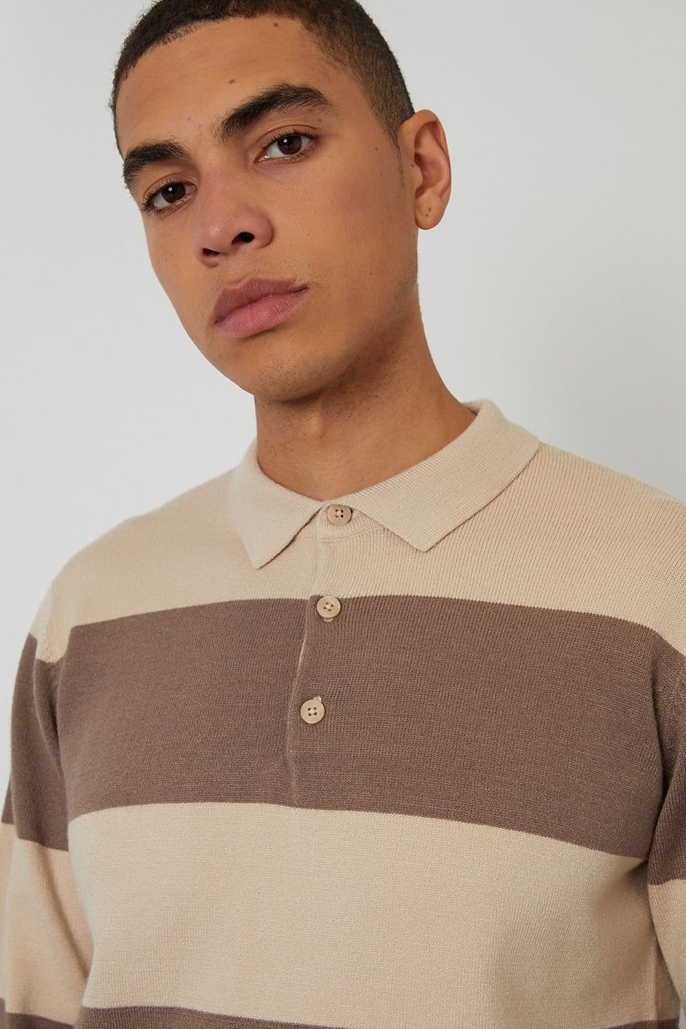 Threadbare Threadbare Men's Striped Knitted Rugby Polo Jumper in Stone - 4