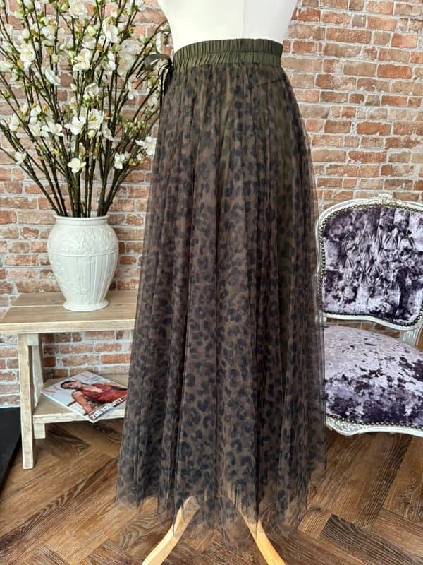 Choklate 🐆 Choklate Paris BNWT Khaki and Leopard Print Tulle Maxi Skirt Size S M