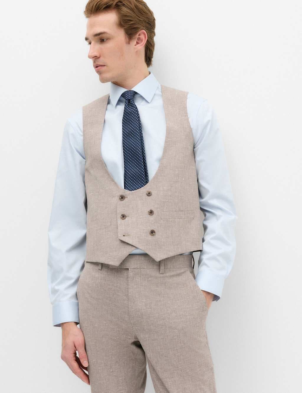Marks & Spencer M&S Slim Fit Linen Blend Stretch Waistcoat Brown Mix