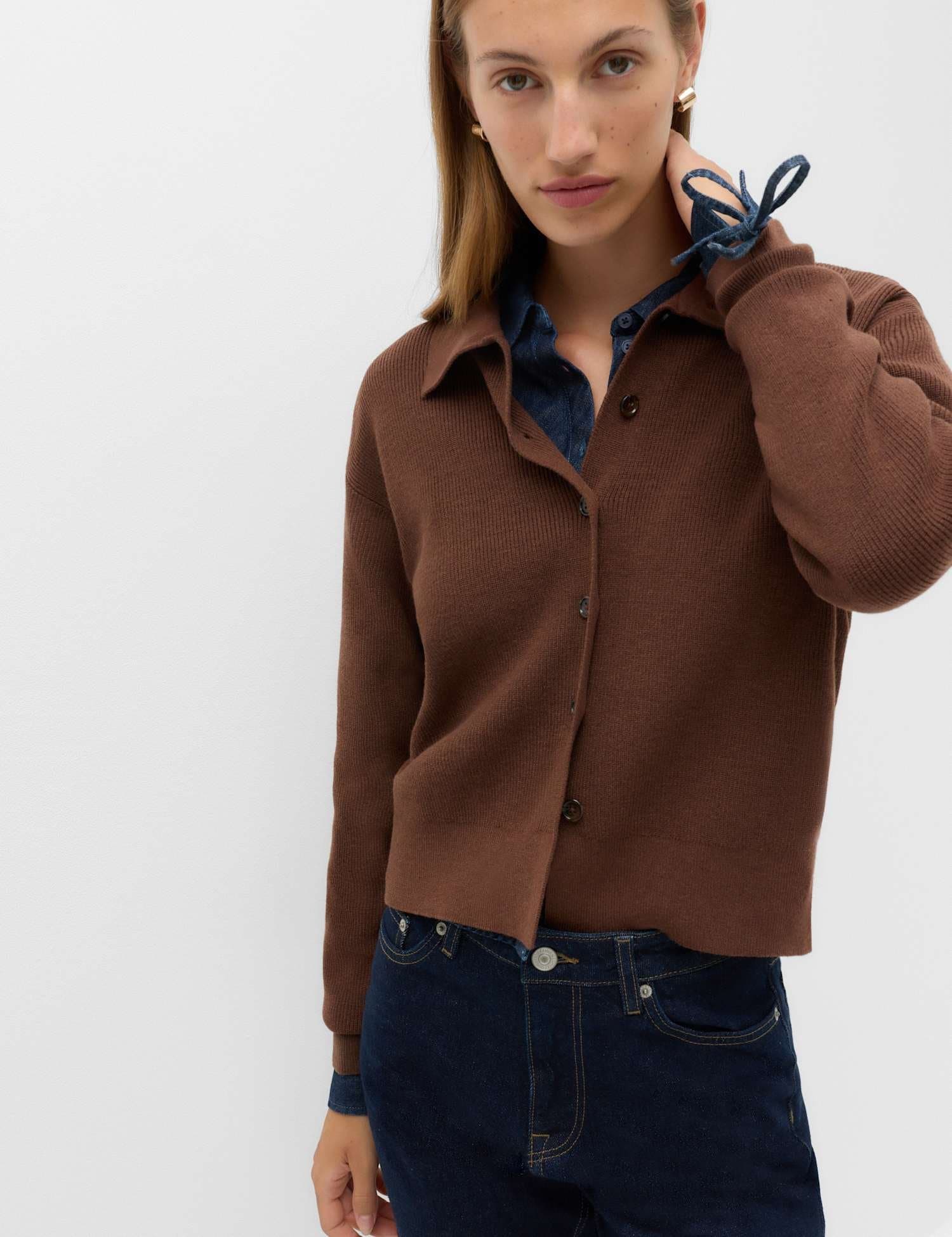 Marks & Spencer M&S Ribbed Collared Button Through Knitted Jacket Conker