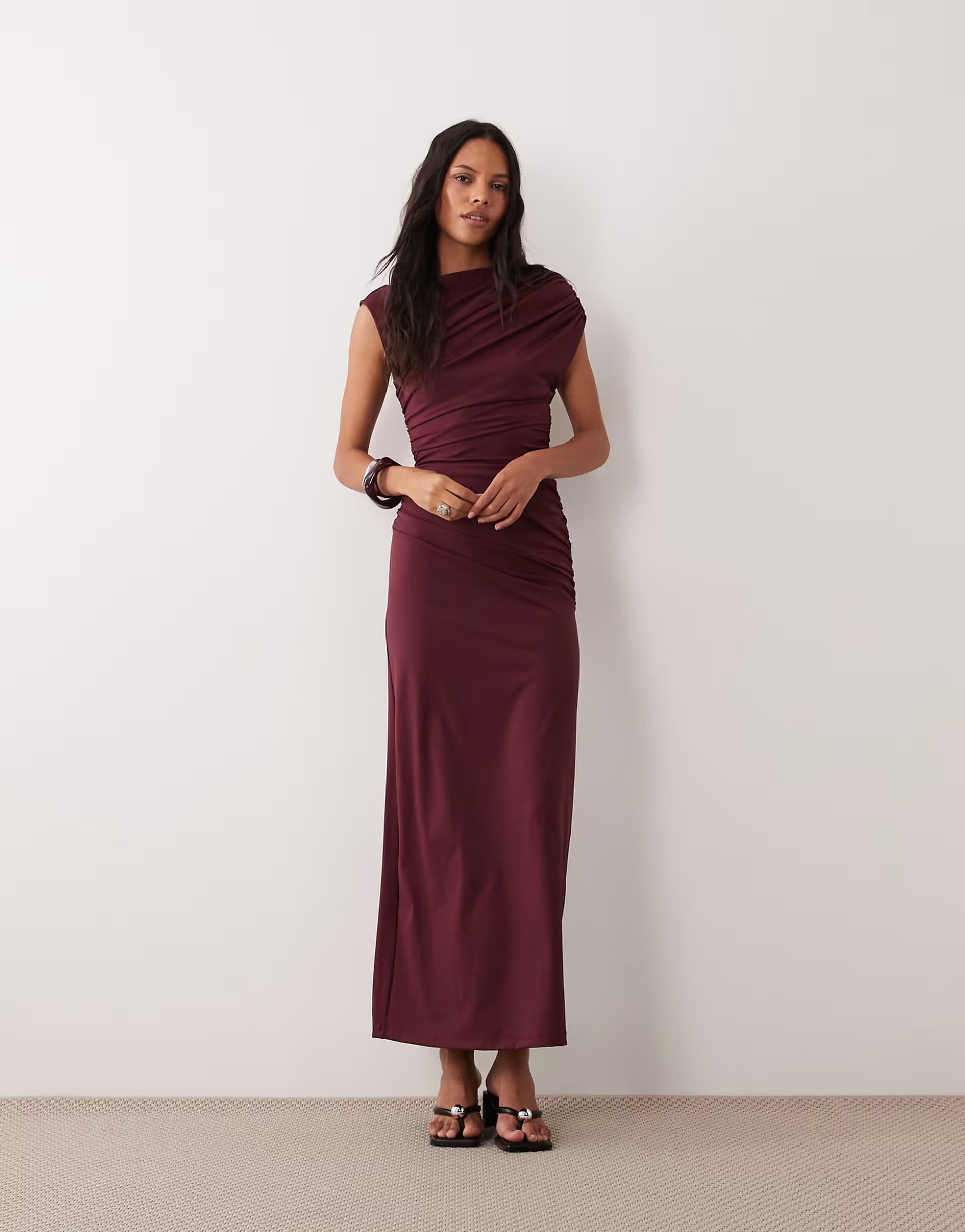 ASOS 4th & Reckless double layered slinky drape waist detail high neck sleeveless maxi dress in burgundy