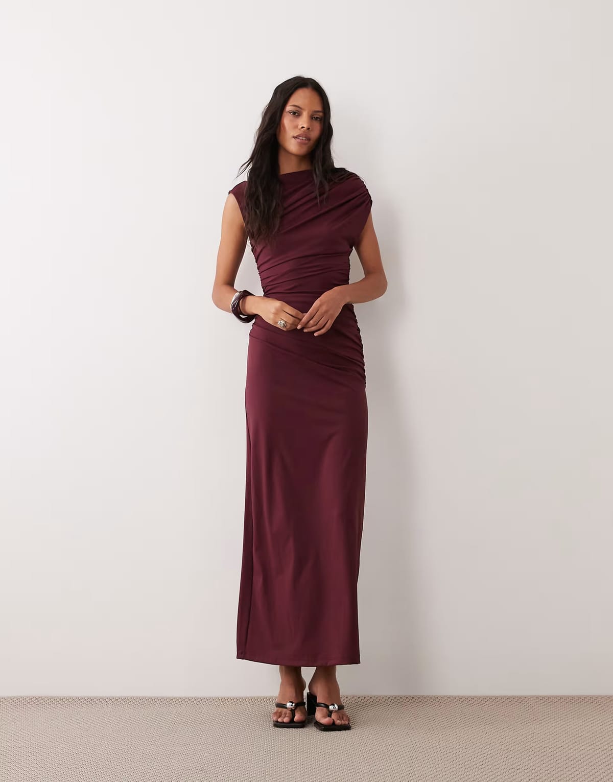 ASOS 4th & Reckless double layered slinky drape waist detail high neck sleeveless maxi dress in burgundy - 1