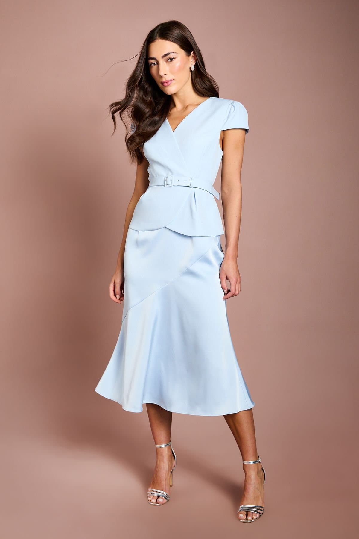 Coast Coast Women's Wrap Top Satin Skirt Short Sleeve Midi Dress in Light Blue