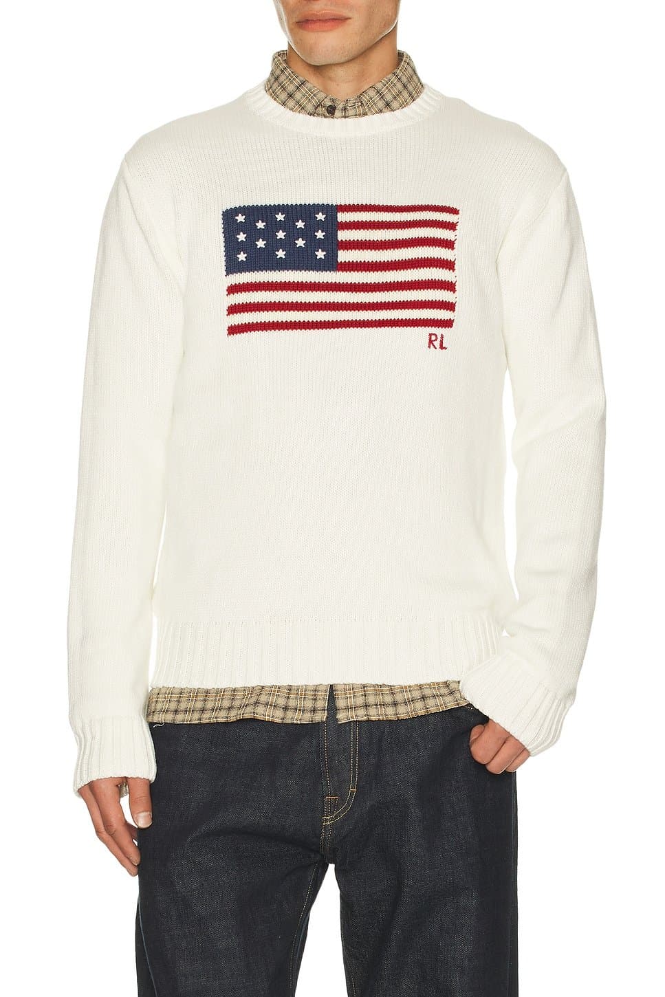 revolve Long Sleeve Roving Cotton USA Flag Crewneck Sweater
