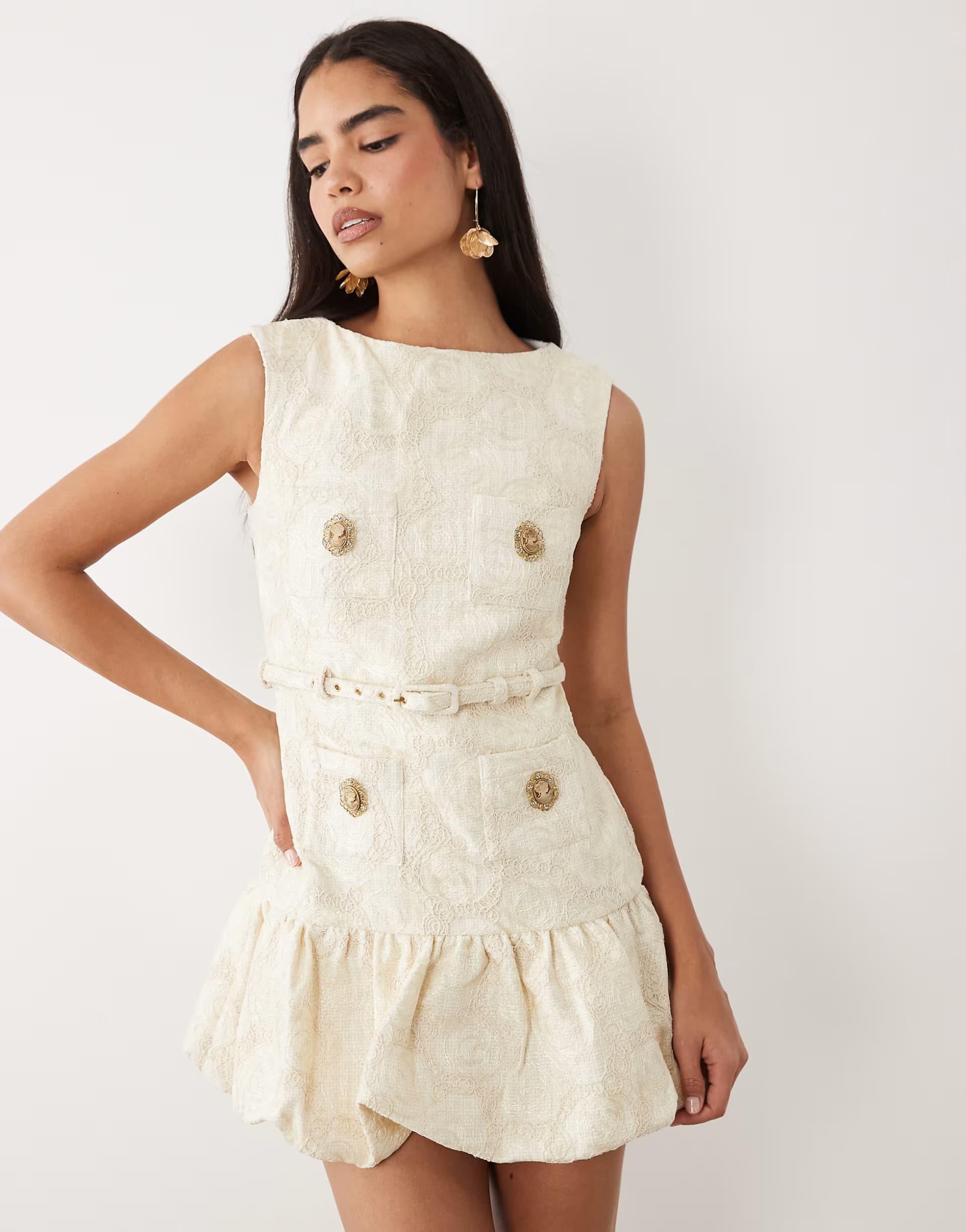 ASOS ASOS LUXE belted tailored jacquard mini dress with peplum detail in cream