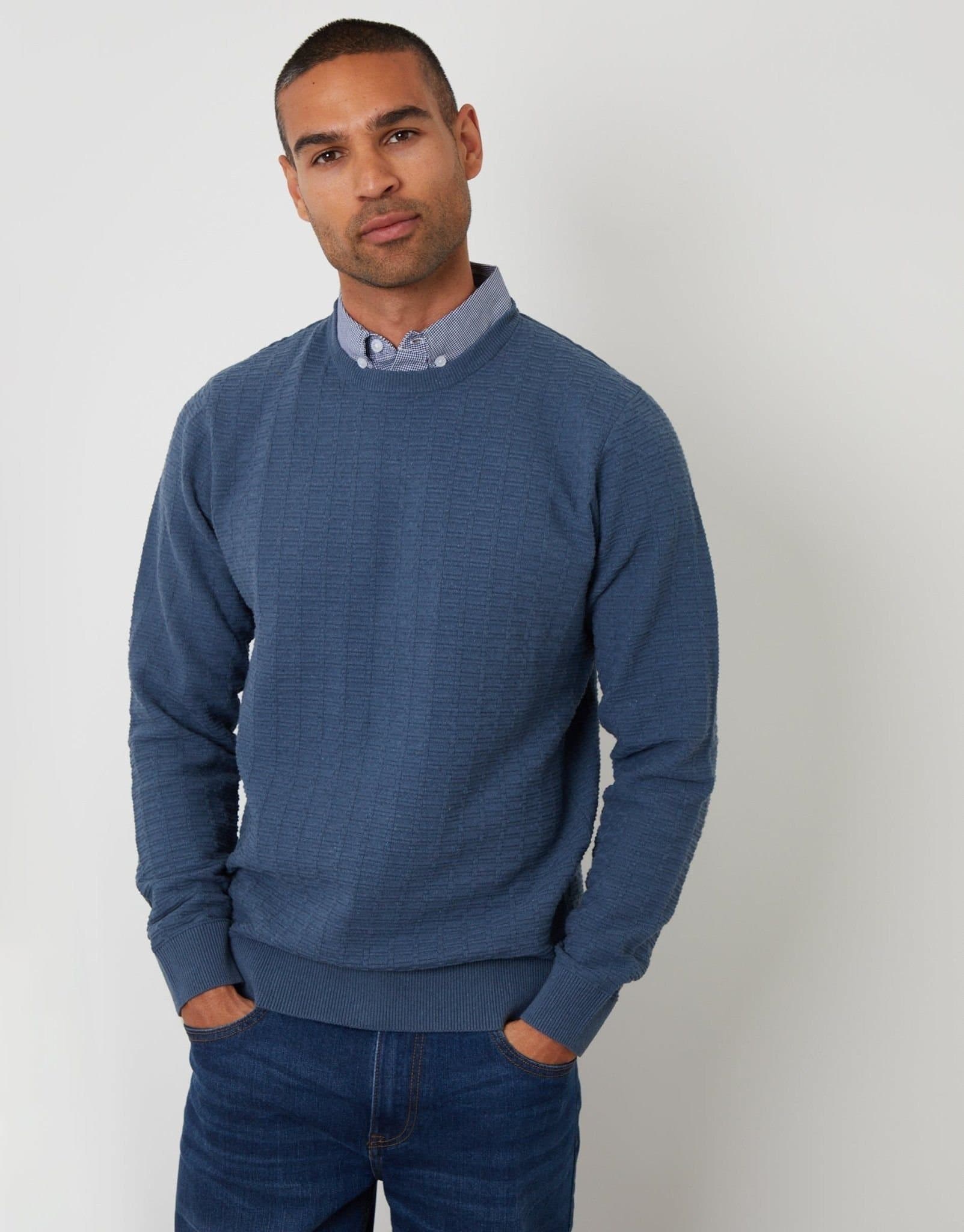 Threadbare threadbare Men's Mock Shirt Textured Knitted Jumper in Blue