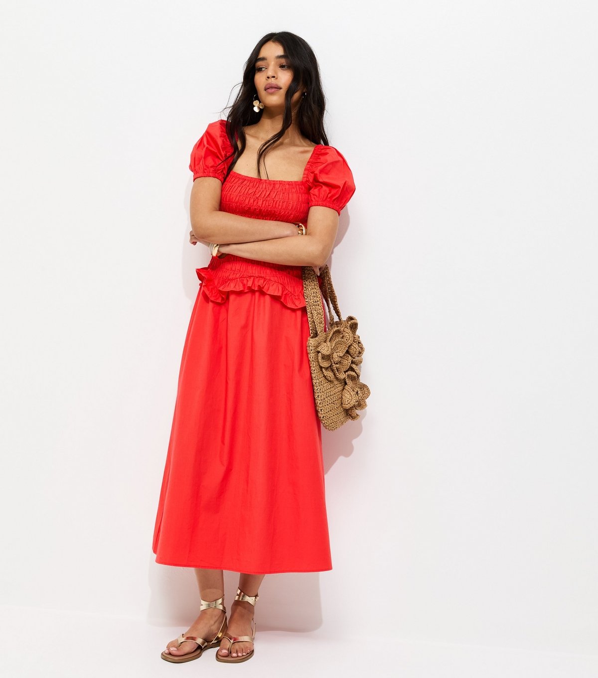 New Look Women's Light Coral Shirred Dropped Waist Midi Dress New Look - 3