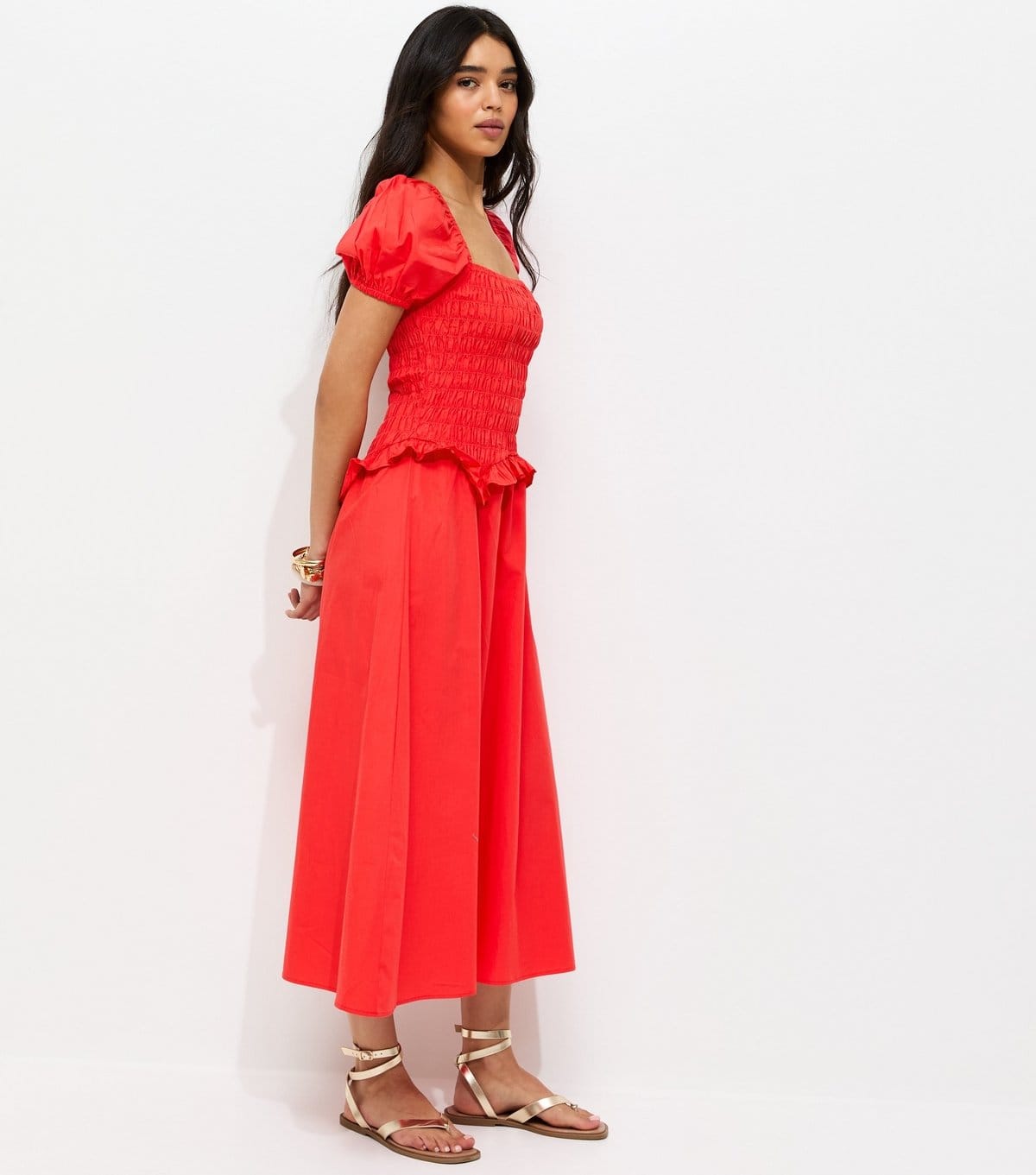 New Look Women's Light Coral Shirred Dropped Waist Midi Dress New Look - 4