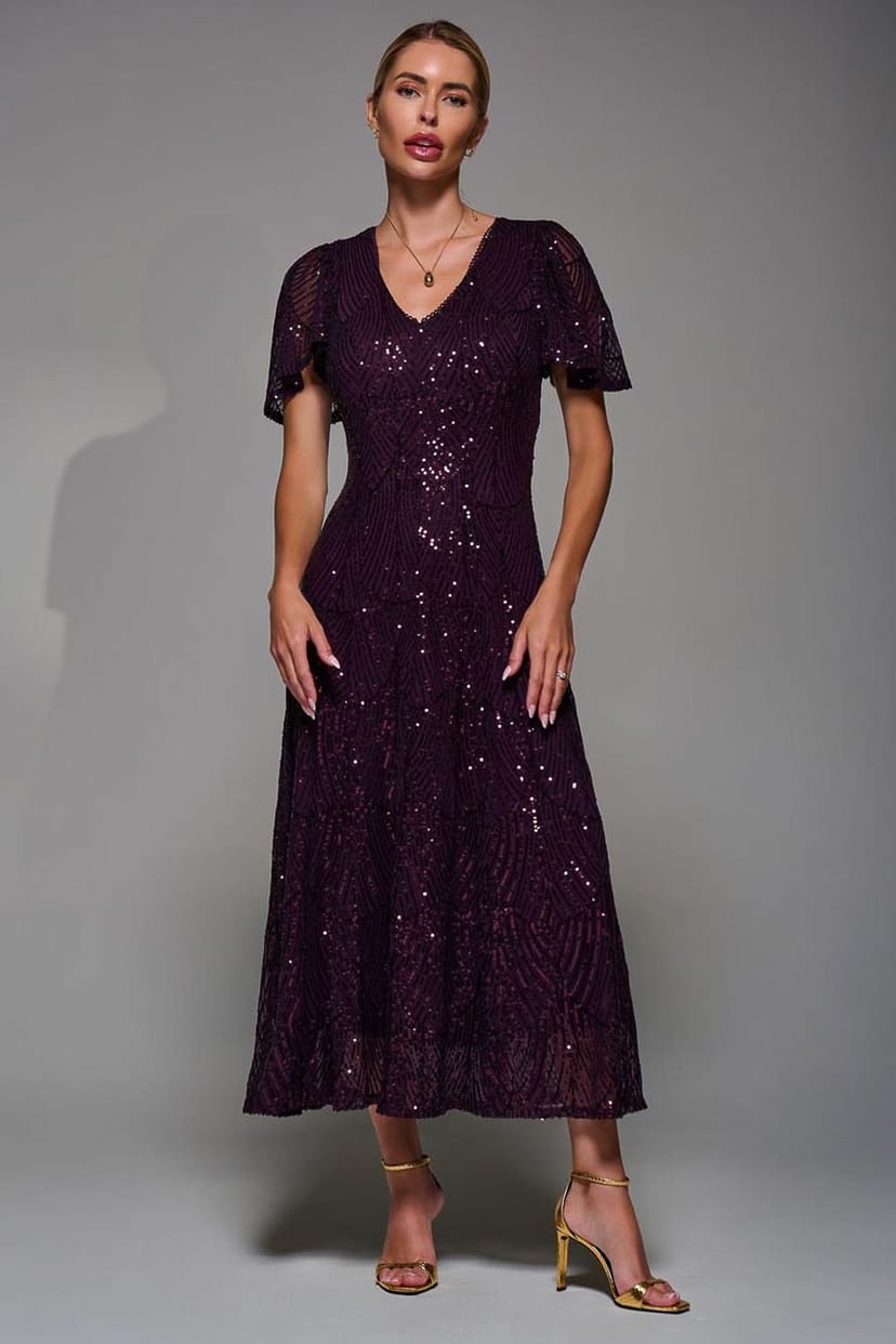 Jolie Moi Jolie Moi Women's Sequin Angel Sleeve Fit & Flare Midaxi Dress in Burgundy - 1